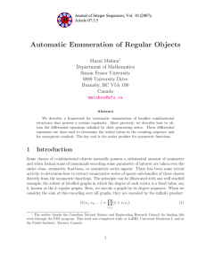 Automatic Enumeration of Regular Objects a Department of Mathematics Simon Fraser University