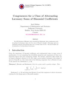 Congruences for a Class of Alternating Lacunary Sums of Binomial Coefficients