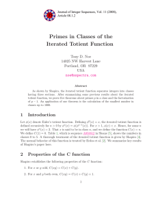 Primes in Classes of the Iterated Totient Function Tony D. Noe