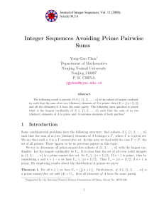 Integer Sequences Avoiding Prime Pairwise Sums n Department of Mathematics