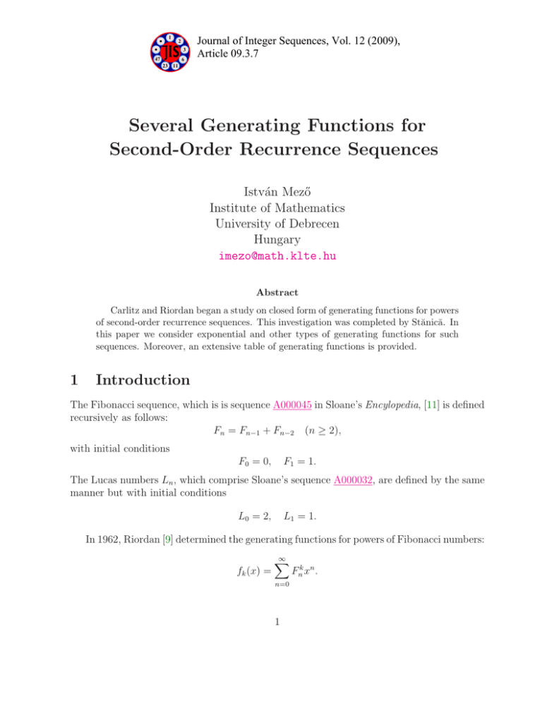 Several Generating Functions For Second-Order Recurrence Sequences Istv ...