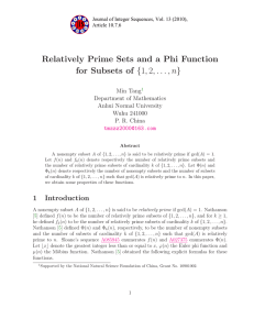 Relatively Prime Sets and a Phi Function for Subsets of g