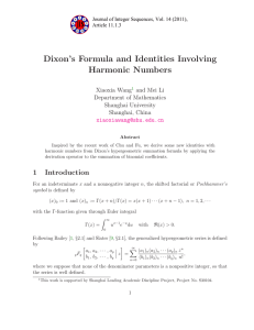 Dixon’s Formula and Identities Involving Harmonic Numbers g and Mei Li