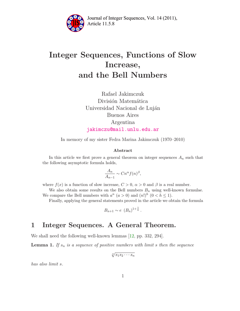 Integer Sequences Functions Of Slow Increase And The Bell Numbers Rafael Jakimczuk