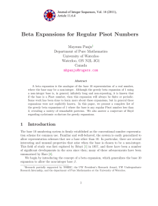 Beta Expansions for Regular Pisot Numbers u Department of Pure Mathematics