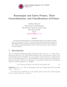 Ramanujan and Labos Primes, Their Generalizations, and Classifications of Primes Vladimir Shevelev