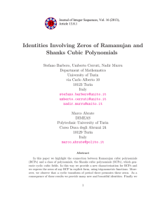 Identities Involving Zeros of Ramanujan and Shanks Cubic Polynomials
