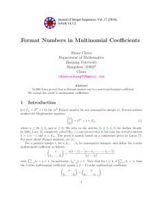 Fermat Numbers in Multinomial Coefficients Shane Chern Department of Mathematics Zhejiang University