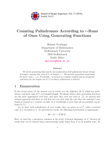 r-Runs Counting Palindromes According to of Ones Using Generating Functions Helmut Prodinger