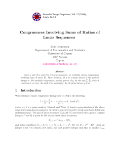 Congruences Involving Sums of Ratios of Lucas Sequences Evis Ieronymou