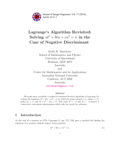 Lagrange’s Algorithm Revisited: at btu + cu n in the