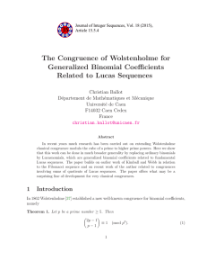 The Congruence of Wolstenholme for Generalized Binomial Coefficients Related to Lucas Sequences