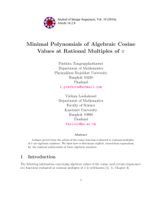 Minimal Polynomials of Algebraic Cosine π Values at Rational Multiples of