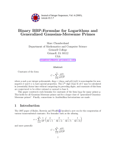 Binary BBP-Formulae for Logarithms and Generalized Gaussian-Mersenne Primes Marc Chamberland