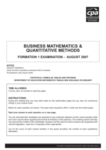 BUSINESS MATHEMATICS &amp; QUANTITATIVE METHODS FORMATION 1 EXAMINATION - AUGUST 2007 NOTES