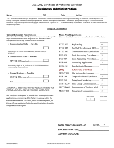 Business Administration 2011-2012 Certificate of Proficiency Worksheet