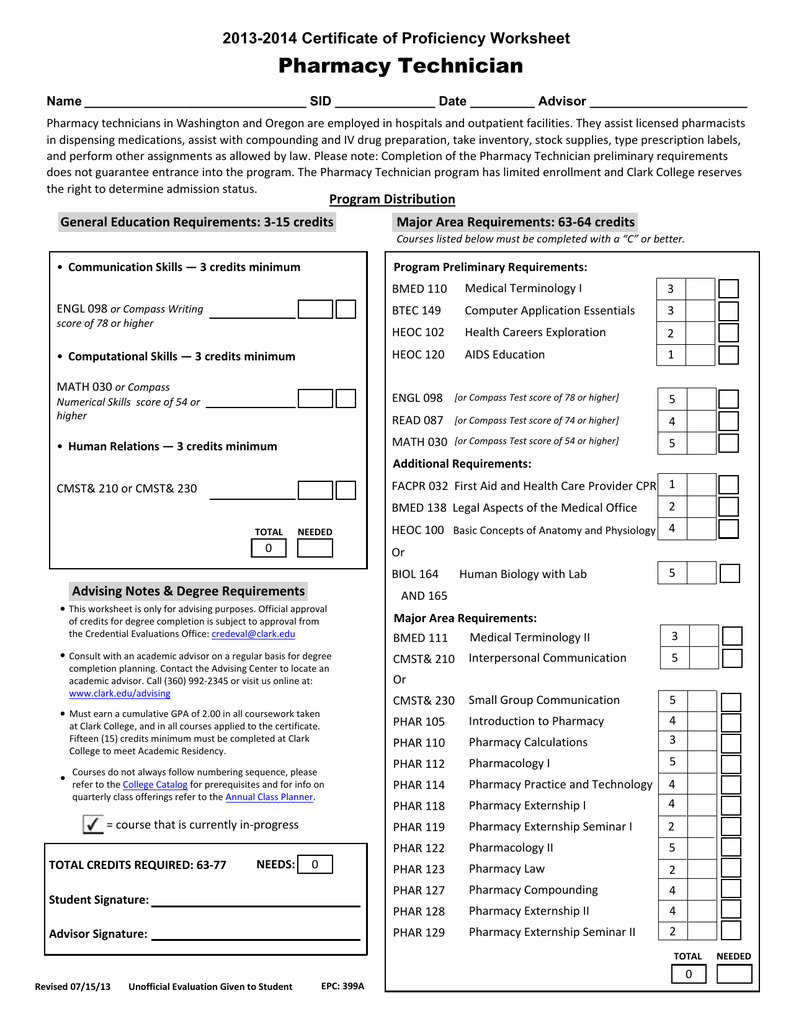 Pharmacy Technician 2013 2014 Certificate of Proficiency Worksheet