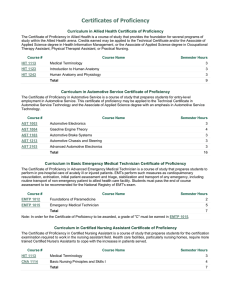 Certificates of Proficiency Curriculum in Allied Health Certificate of Proficiency