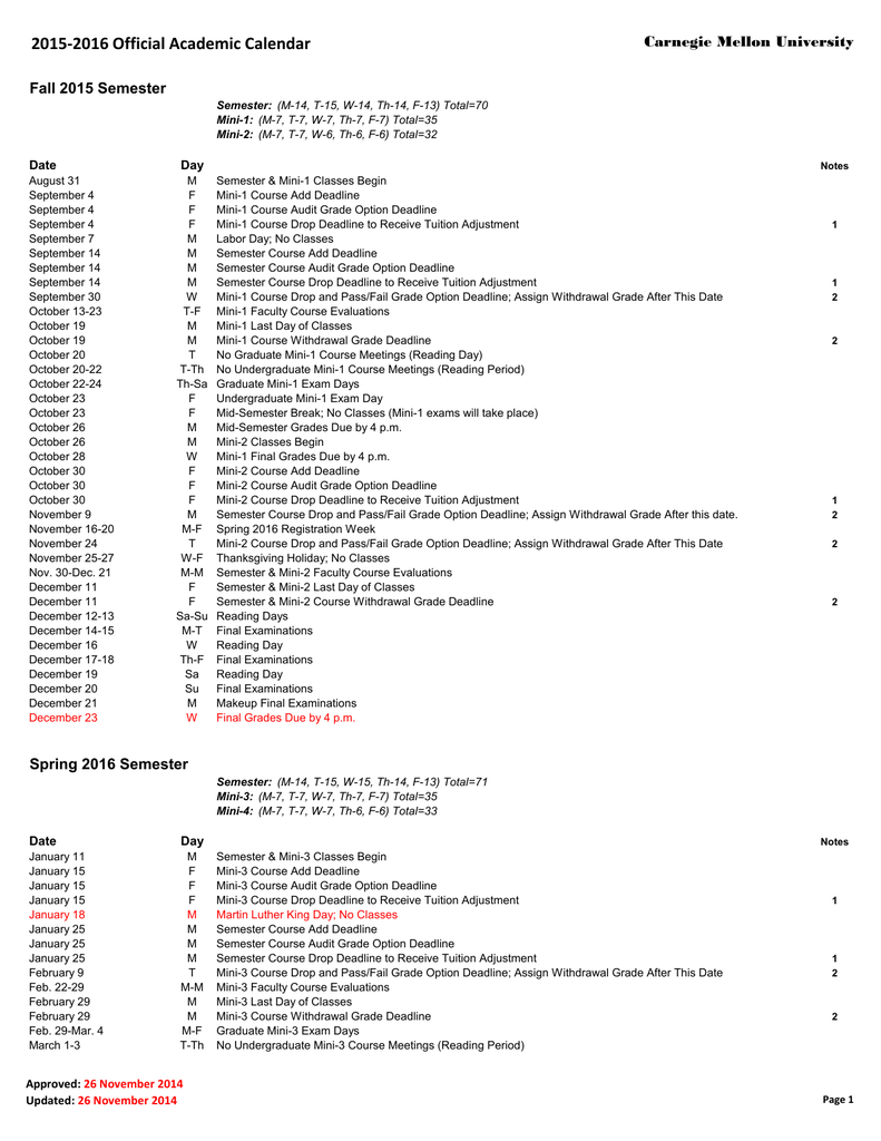 Cmu Calendar 2022 2015-2016 Official Academic Calendar Carnegie Mellon University Fall 2015  Semester Date