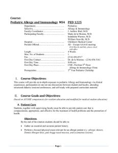 Course:  Pediatric Allergy and Immunology  MS4  PED 1225