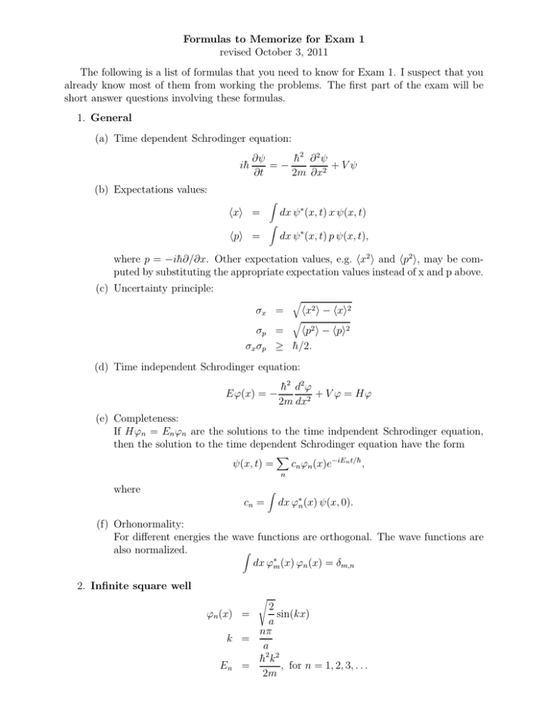 Formulas To Memorize For Exam 1 Revised October 3 11