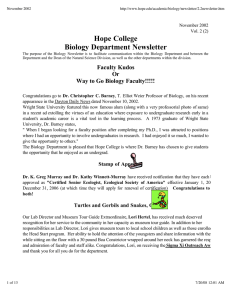 Hope College Biology Department Newsletter November 2002 Vol. 2 (2)