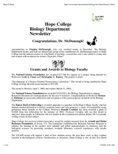Hope College Biology Department Newsletter Congratulations, Dr. McDonough!