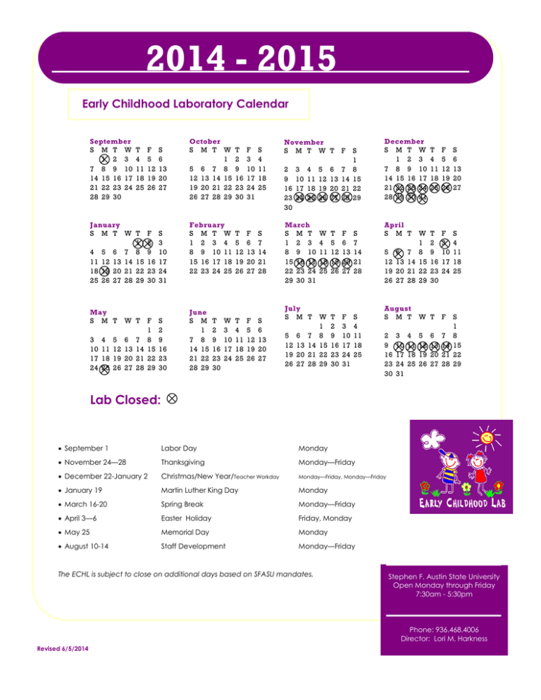 2014 2015 Early Childhood Laboratory Calendar