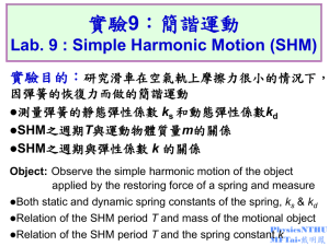9 Lab. 9 : Simple Harmonic Motion (SHM) 實驗目的： 研究滑車在空氣軌上摩擦力很小的情況下，