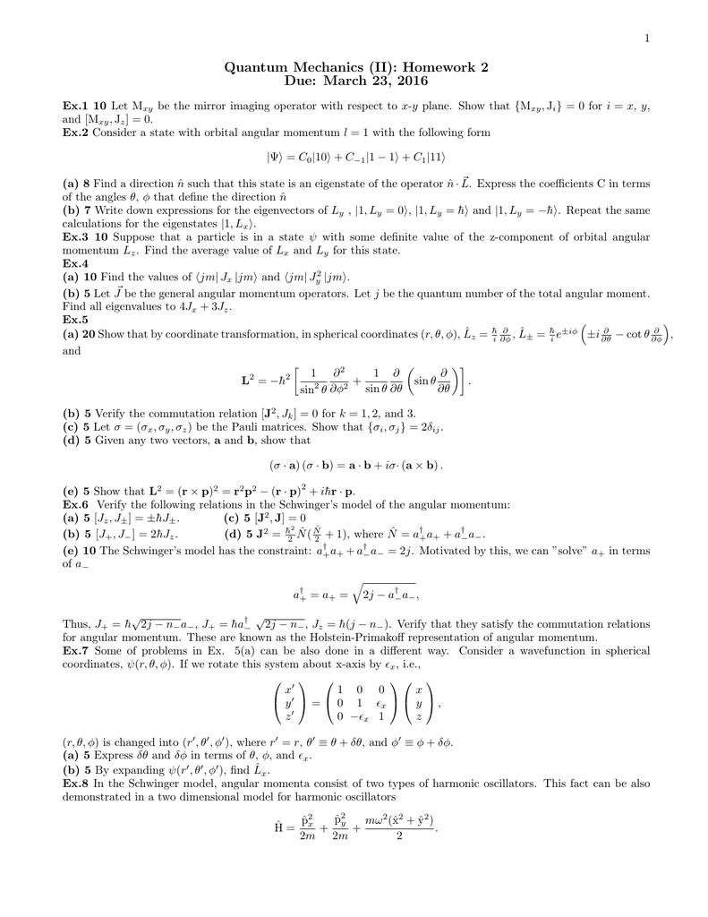 Quantum Mechanics Ii Homework 2 Due March 23 16