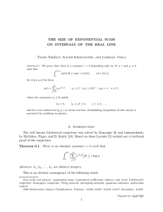 THE SIZE OF EXPONENTIAL SUMS ON INTERVALS OF THE REAL LINE Tam´