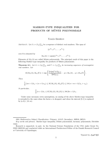 MARKOV-TYPE INEQUALITIES FOR PRODUCTS OF M ¨ UNTZ POLYNOMIALS Tam´