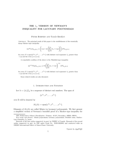 THE L VERSION OF NEWMAN’S INEQUALITY FOR LACUNARY POLYNOMIALS Peter Borwein and Tam´