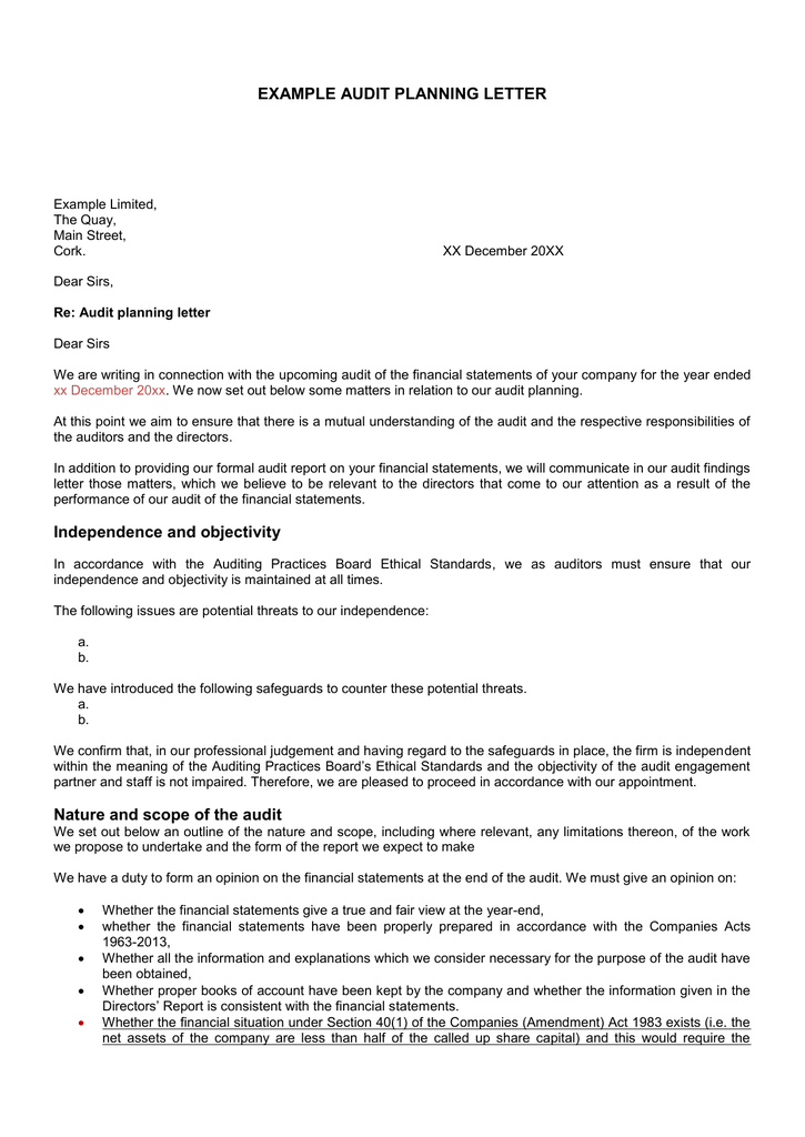 EXAMPLE AUDIT PLANNING LETTER