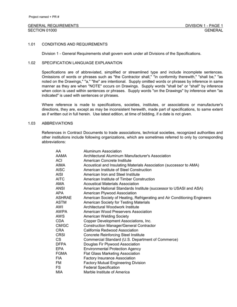 GENERAL REQUIREMENTS DIVISION 1 PAGE 1 SECTION 01000