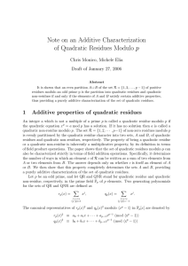 Note on an Additive Characterization of Quadratic Residues Modulo p