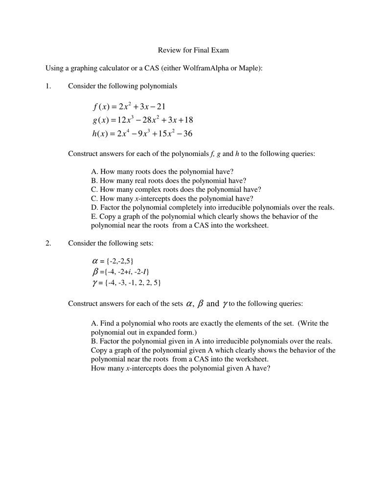 Review For Final Exam 1 Consider The Following Polynomials