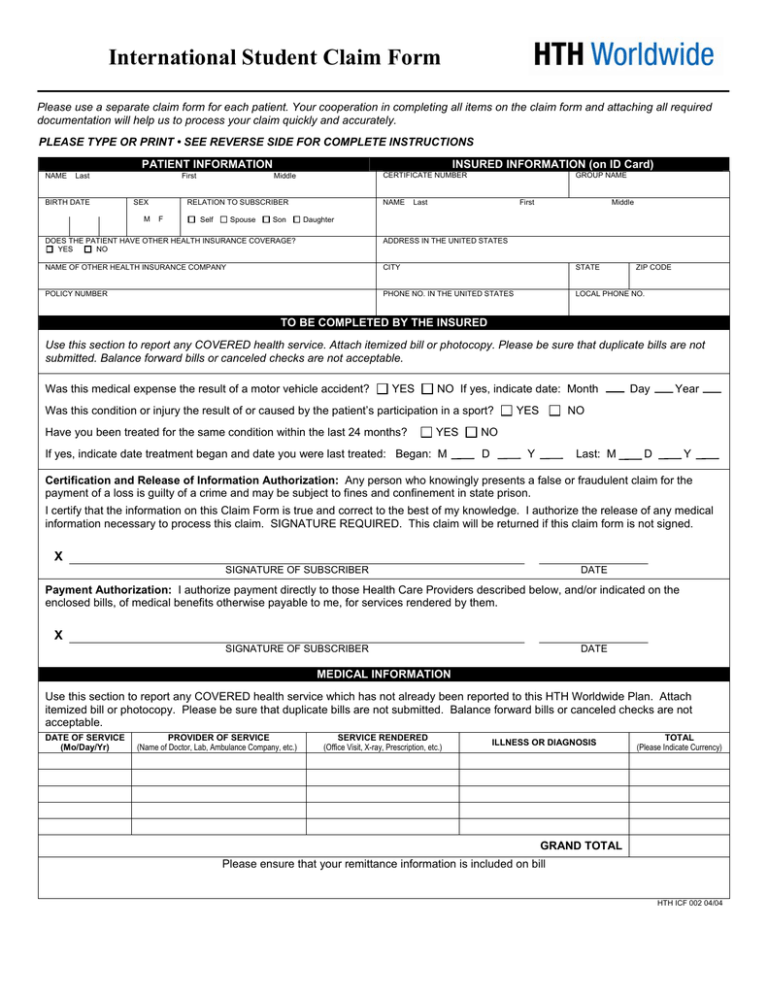 International Student Claim Form