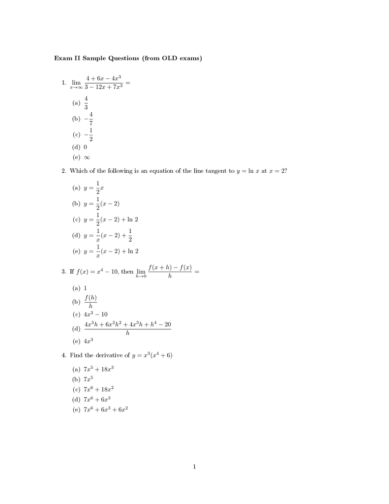 Exam Ii Sample Questions From Old Exams 1 Lim