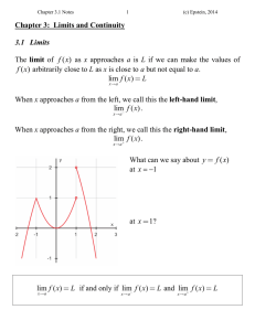 Chapter 3:  Limits and Continuity  3.1 Limits limit