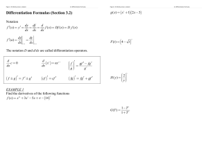 Differentiation Formulas (Section 3.2)  ( ) (
