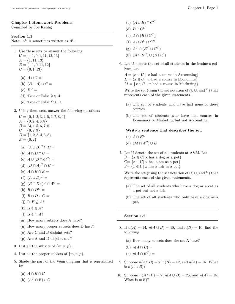 Chapter 1 Page 1 Chapter 1 Homework Problems Compiled By Joe Kahlig
