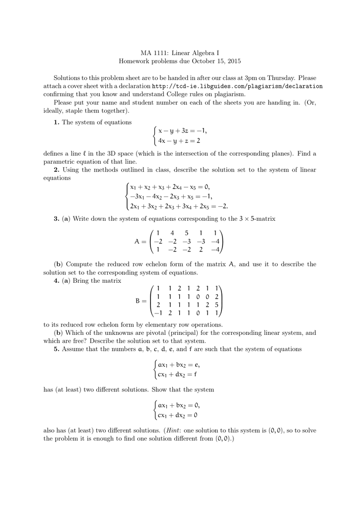 linear algebra homework problems