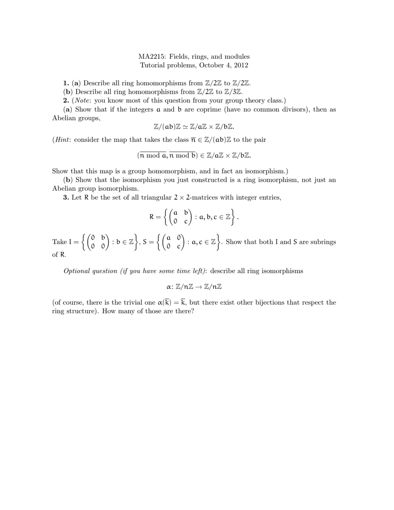 Ma2215 Fields Rings And Modules Tutorial Problems October 4 12