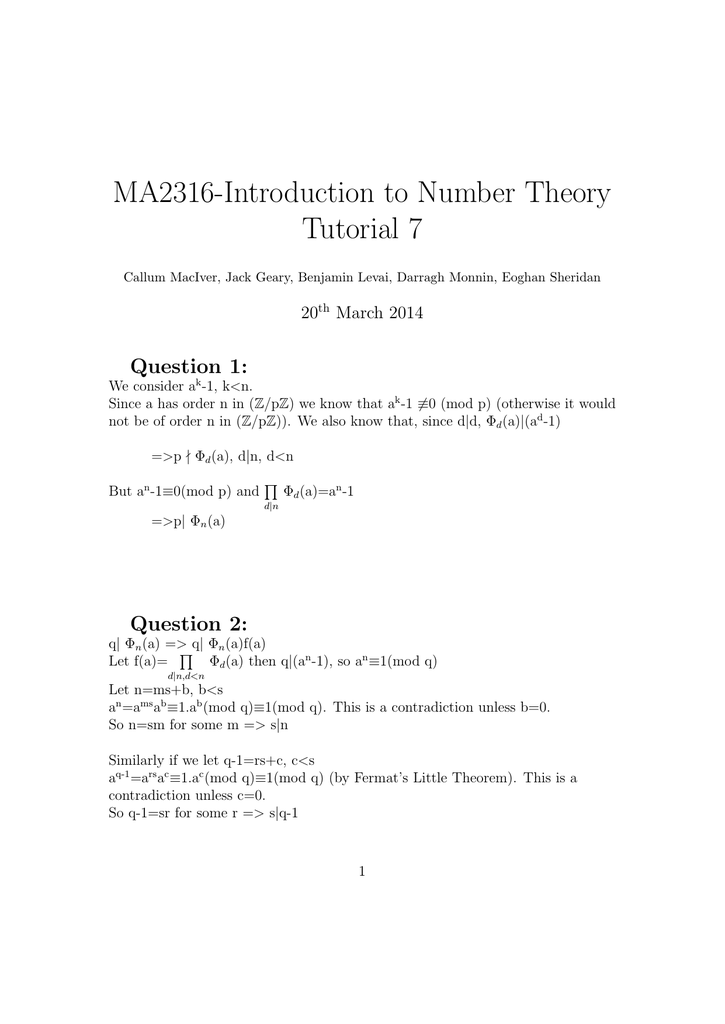 Ma2316 Introduction To Number Theory Tutorial 7 Question 1