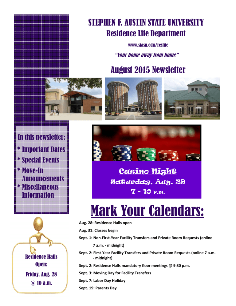 Mark Your Calendars STEPHEN F. AUSTIN STATE UNIVERSITY August 2015
