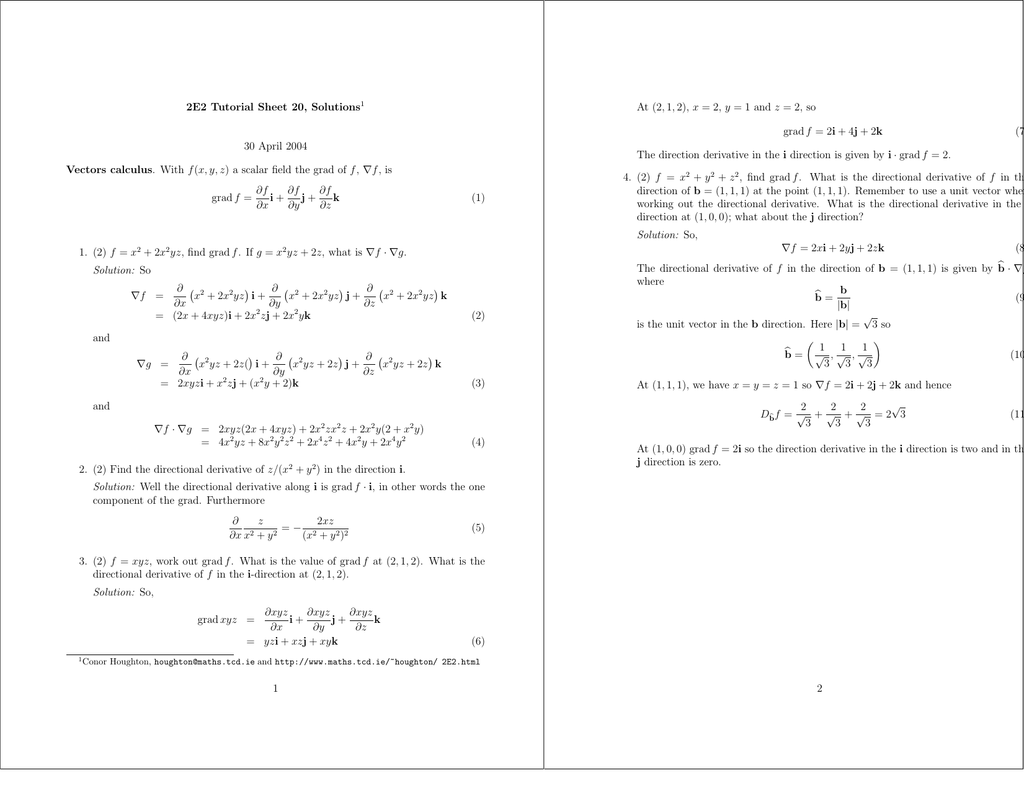 2e2 Tutorial Sheet Solutions 30 April 04 Vectors Calculus