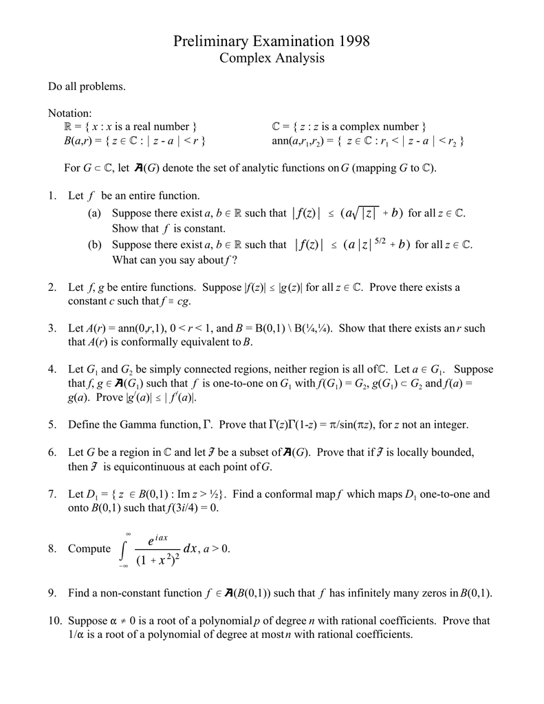 Preliminary Examination 1998 Complex Analysis H D