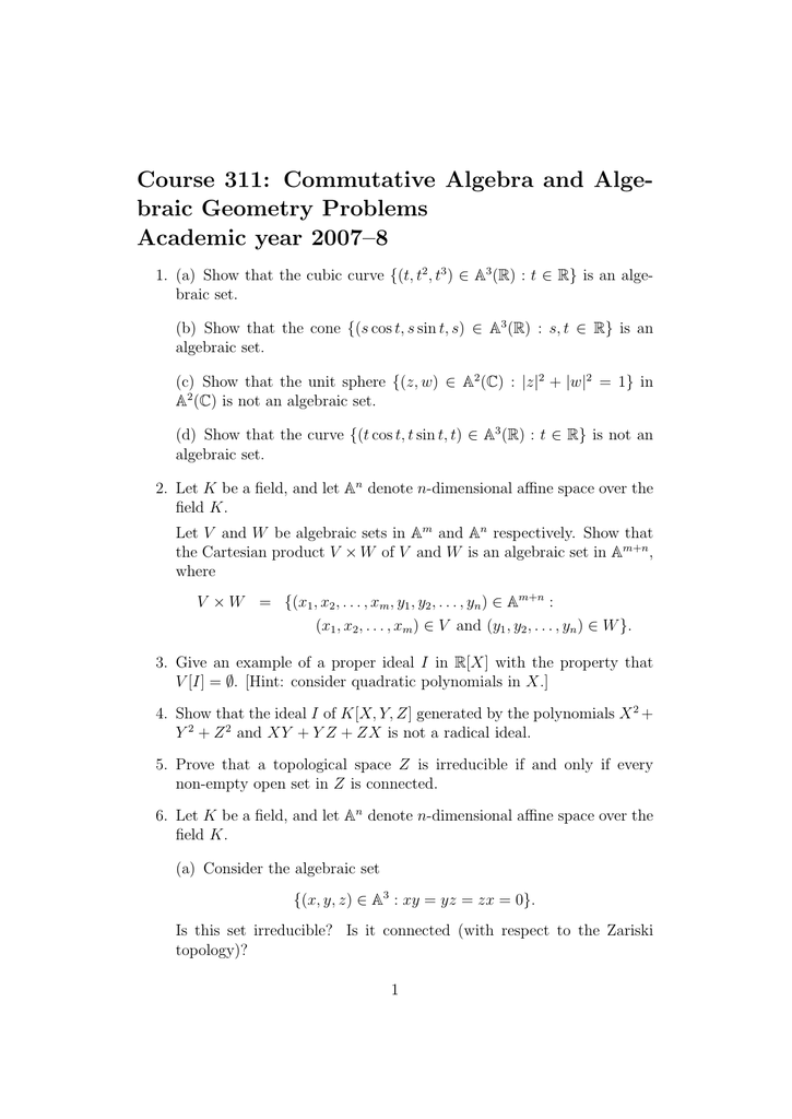 Course 311 Commutative Algebra And Alge Braic Geometry Problems Academic Year 07 8