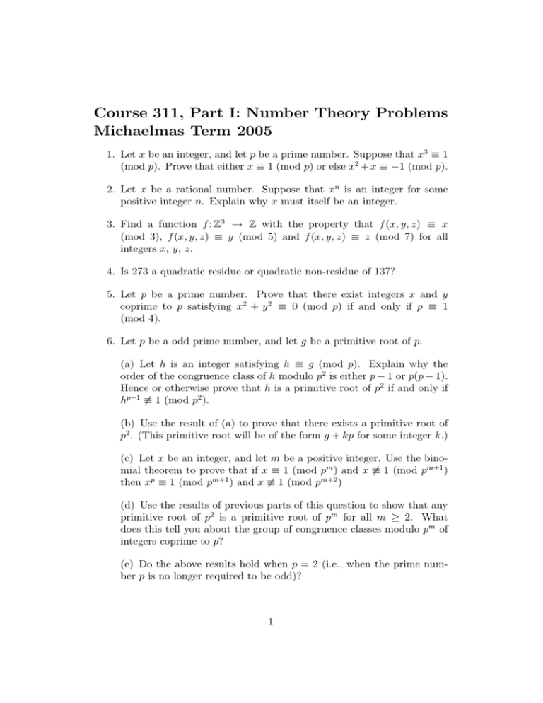 Course 311 Part I Number Theory Problems Michaelmas Term 05